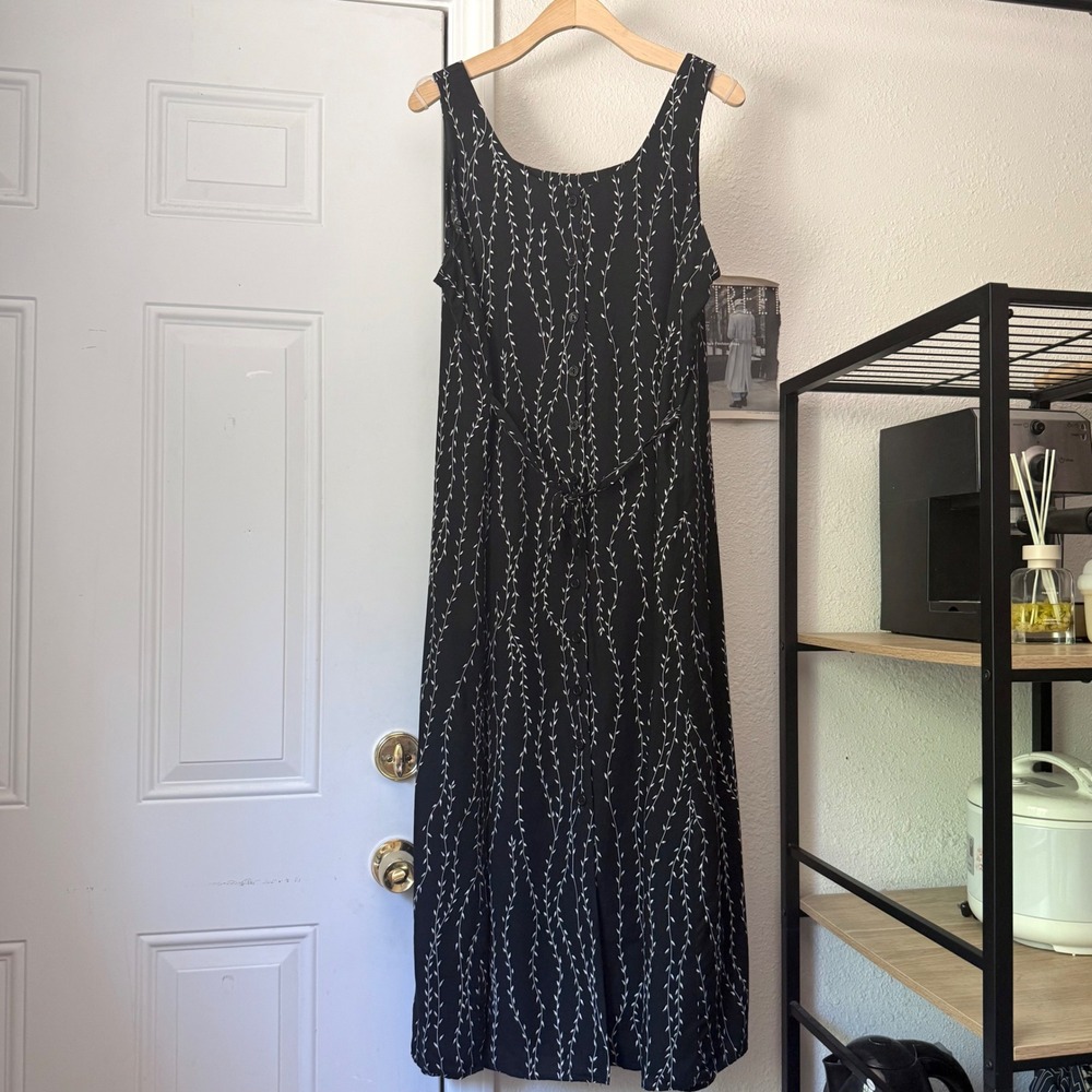 LLOYD black white vintage botanical tie waist sleeveless midi maxi dress